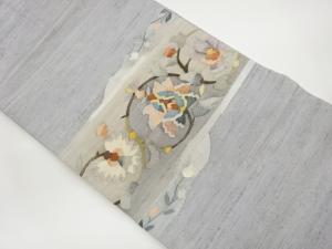 手織り紬横段に抽象花唐草模様織出し名古屋帯